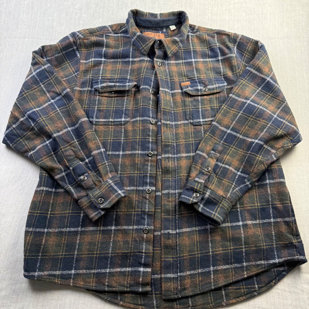 Orvis Mens XXL Plaid Flannel Shirt Heavyweight Cotton‎ Blue Green Orange 1312517